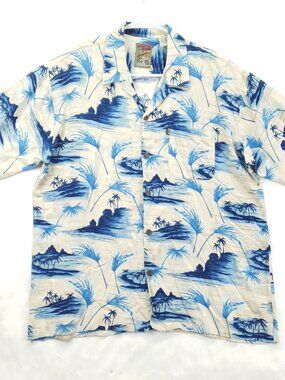 Pineapple Connection Shirt Mens Medium Blue White Hawaiian Camp Button-Up